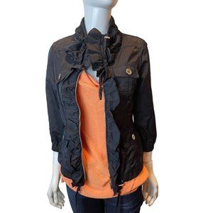 White House Black Market Womens Windbreaker Jacket Full Zip Up Ruffle Black SZ 2